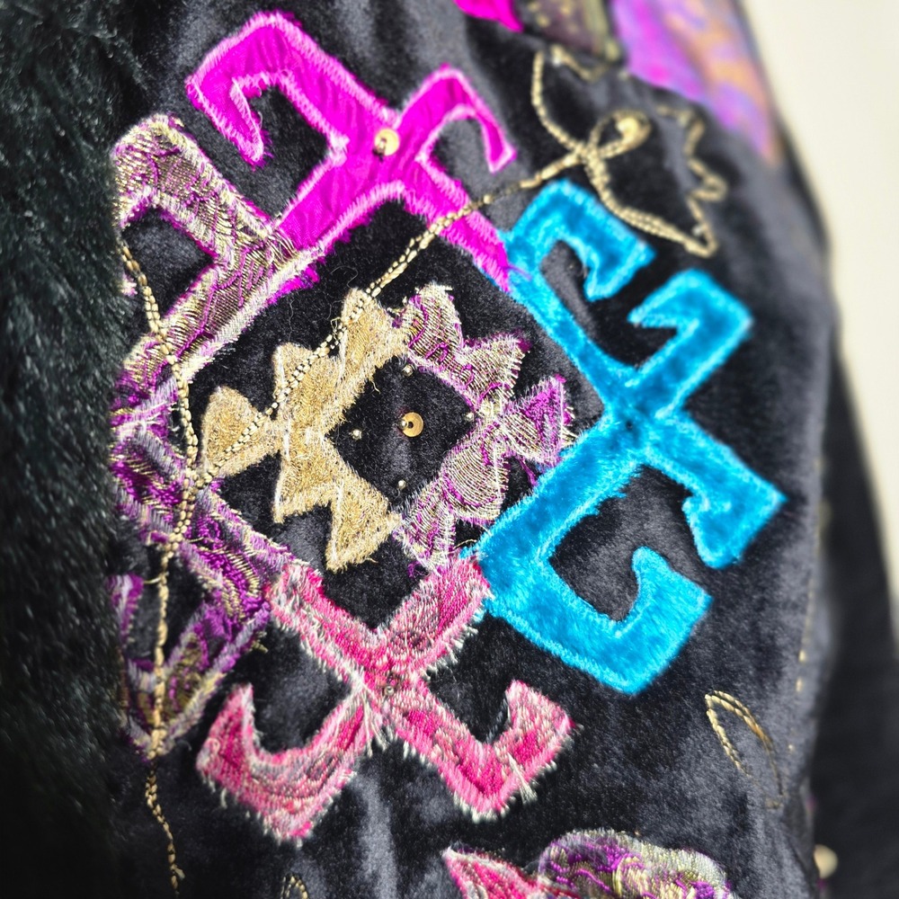 Patchwork Velvet Silk Fur boho Jacket Women's Emb… - image 7